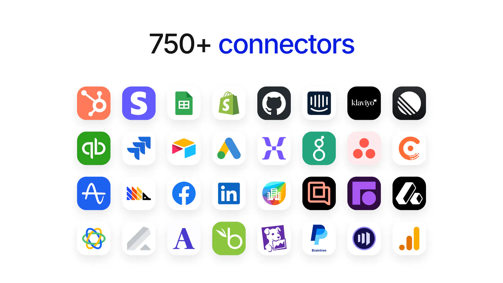 A grid of 32 connector icons under the heading “750+ connectors”, including HubSpot, Stripe, Google Sheets, Shopify, GitHub, Intercom, Klaviyo, Linear, and QuickBooks.
