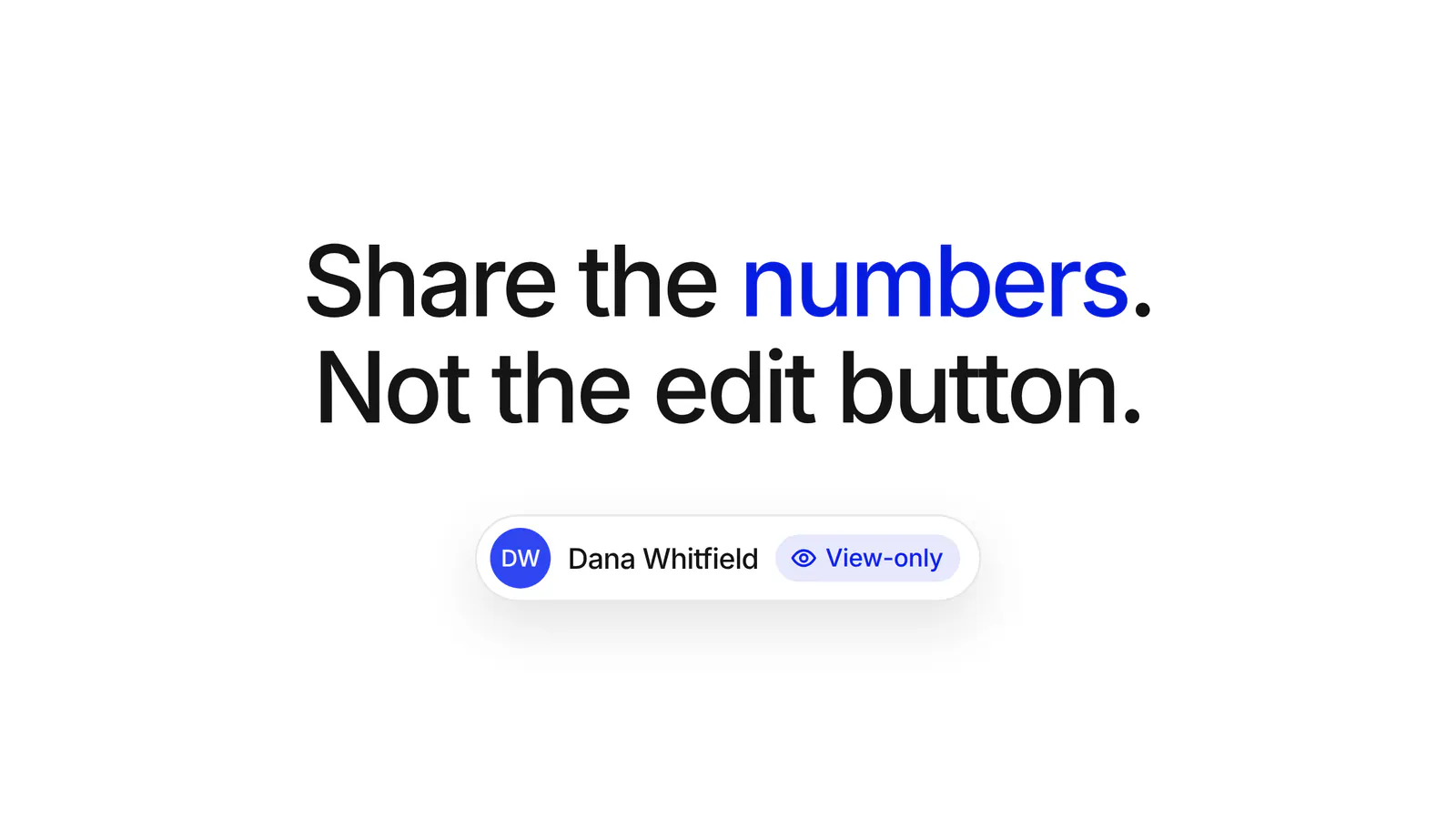 The line “Share the numbers. Not the edit button.” above a member chip with a View-only badge.