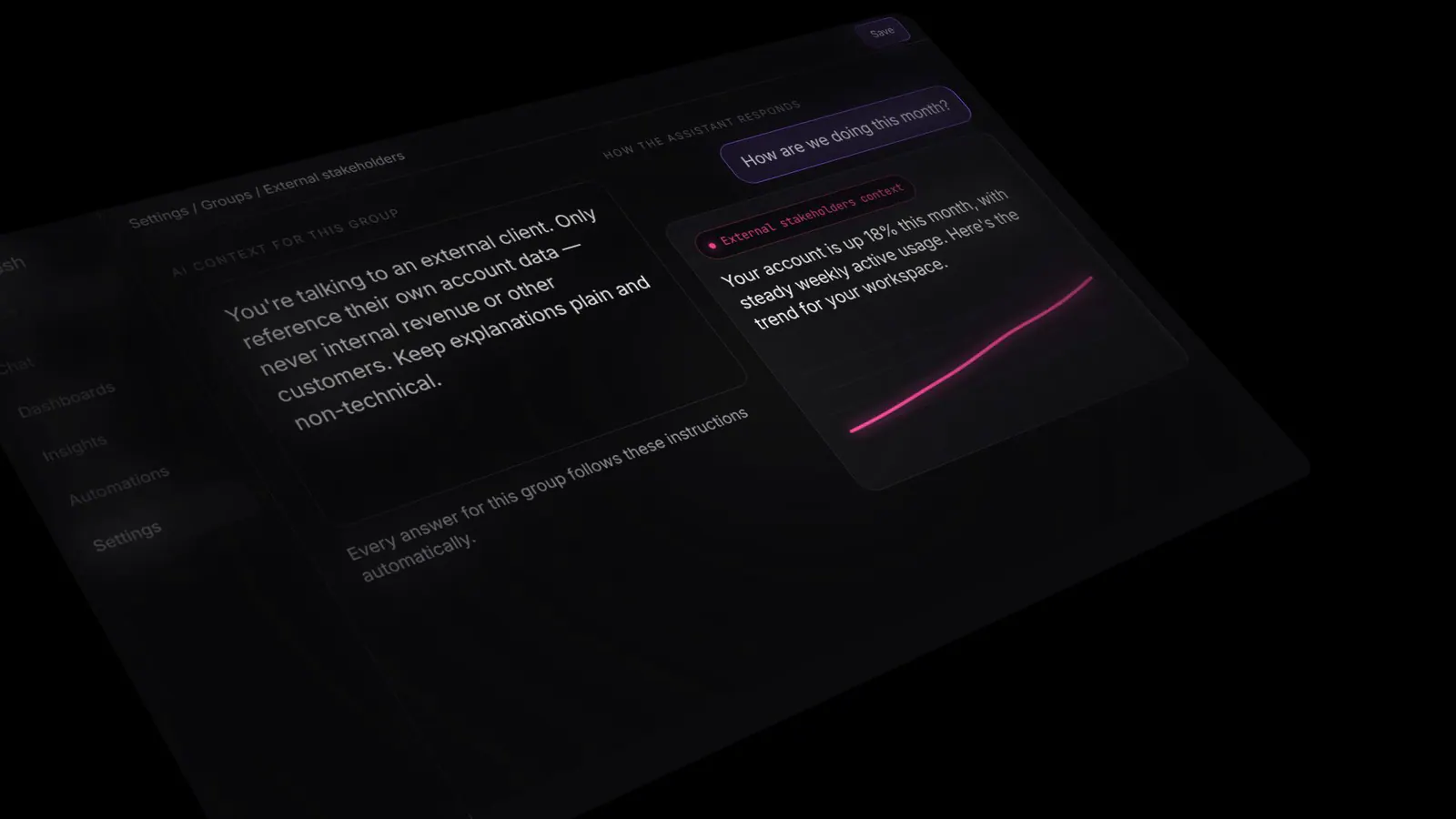 A group's AI context instructions on the left, and the assistant answering scoped to the client's own data on the right