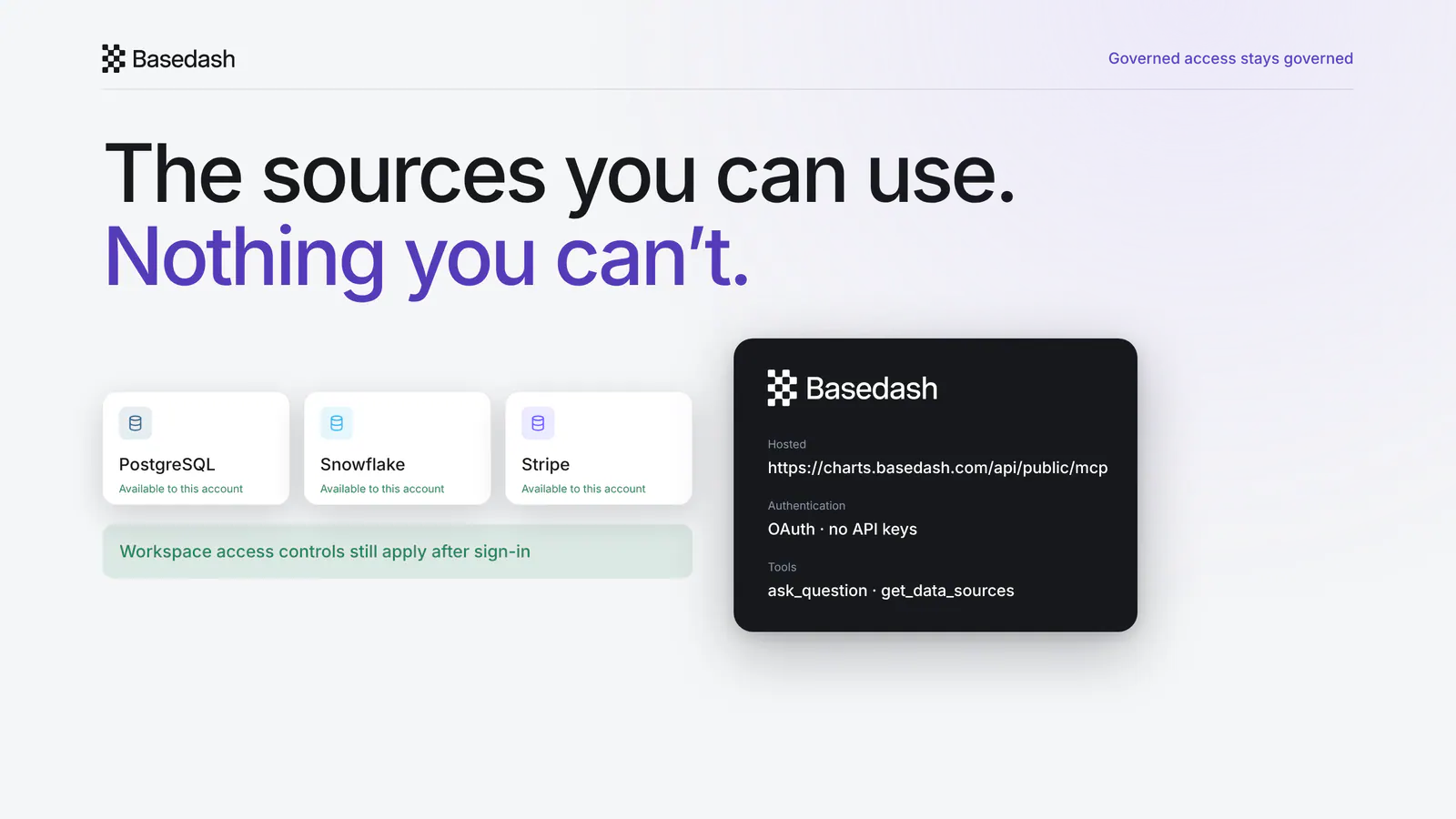 List the connected sources available to your account while Basedash keeps workspace access controls in place.