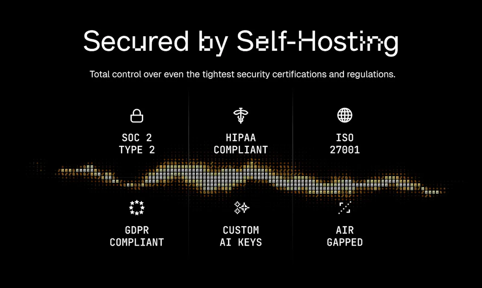 Self-hosting supports SOC 2 Type 2, HIPAA, ISO 27001, GDPR, custom AI keys, and air-gapped deployments