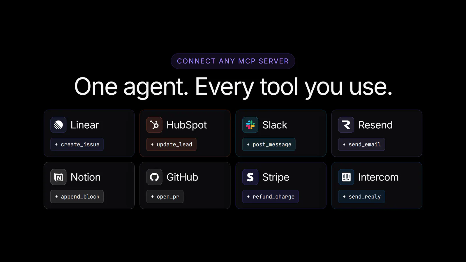 Linear, HubSpot, Slack, Resend, Notion, GitHub, Stripe, Intercom — and any MCP server you bring.